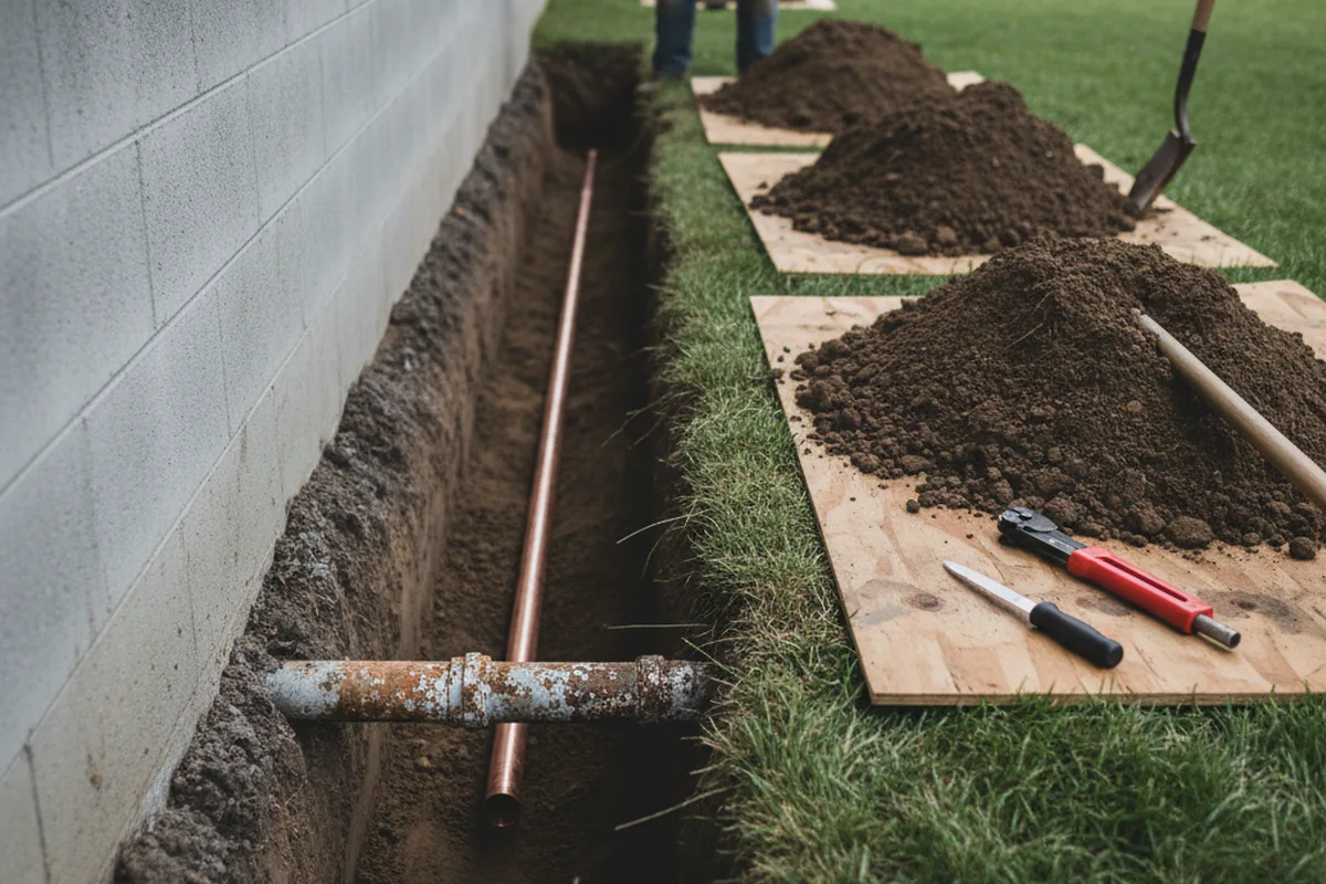 Excavated water line trench during Water Softener Installation in Hobart
